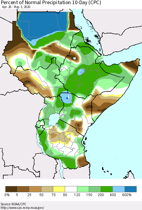 Eastern Africa Percent of Normal Precipitation 10-Day (CPC) Thematic Map For 4/26/2020 - 5/5/2020