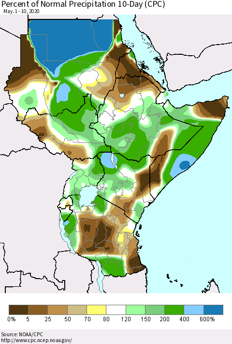 Eastern Africa Percent of Normal Precipitation 10-Day (CPC) Thematic Map For 5/1/2020 - 5/10/2020