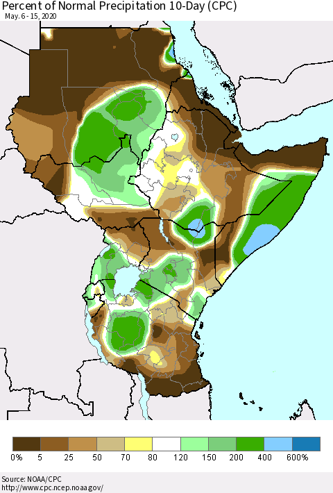 Eastern Africa Percent of Normal Precipitation 10-Day (CPC) Thematic Map For 5/6/2020 - 5/15/2020