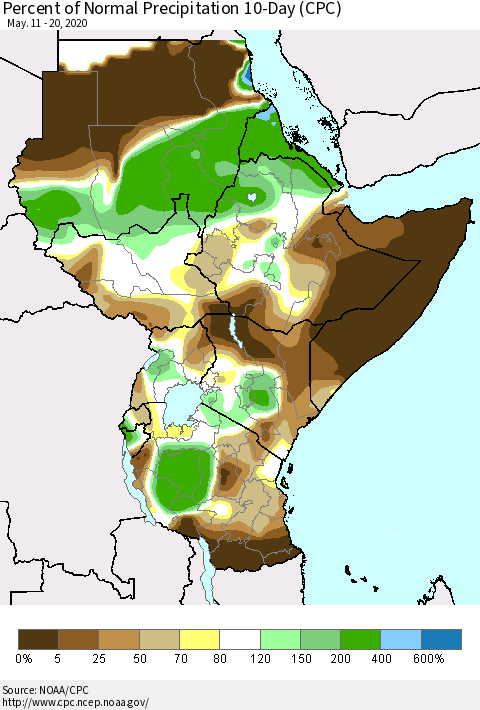 Eastern Africa Percent of Normal Precipitation 10-Day (CPC) Thematic Map For 5/11/2020 - 5/20/2020