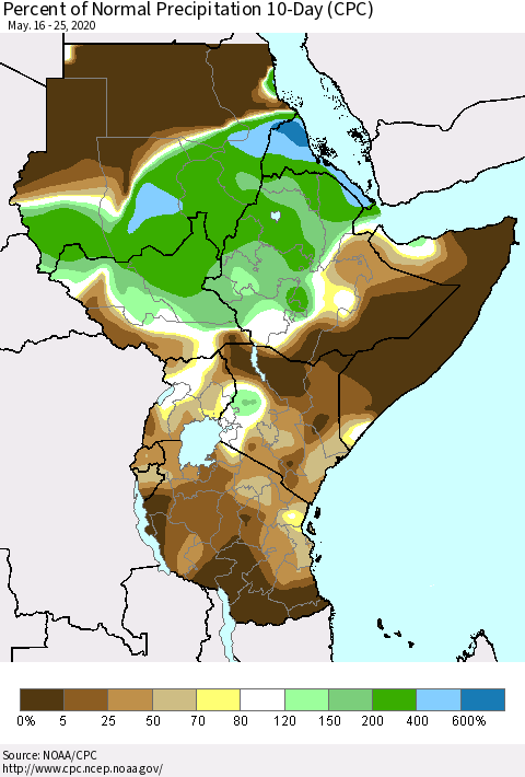 Eastern Africa Percent of Normal Precipitation 10-Day (CPC) Thematic Map For 5/16/2020 - 5/25/2020