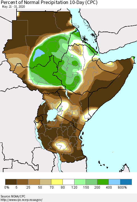 Eastern Africa Percent of Normal Precipitation 10-Day (CPC) Thematic Map For 5/21/2020 - 5/31/2020