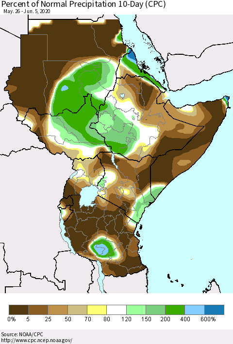 Eastern Africa Percent of Normal Precipitation 10-Day (CPC) Thematic Map For 5/26/2020 - 6/5/2020