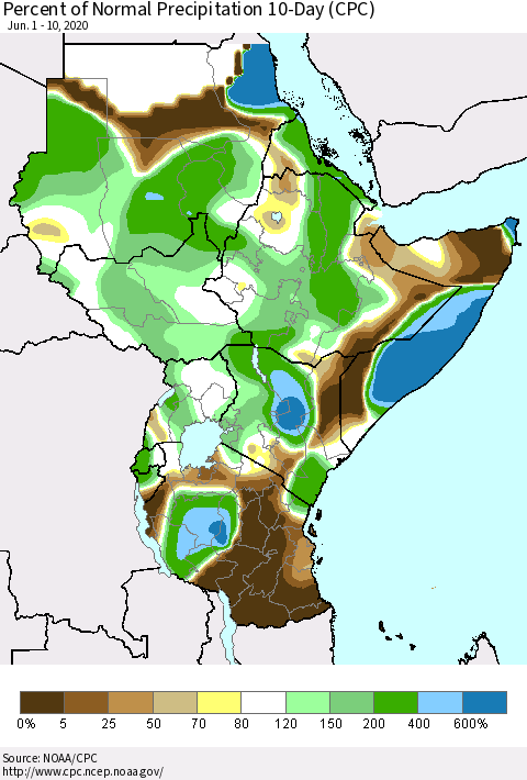Eastern Africa Percent of Normal Precipitation 10-Day (CPC) Thematic Map For 6/1/2020 - 6/10/2020