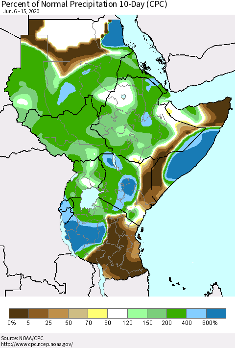Eastern Africa Percent of Normal Precipitation 10-Day (CPC) Thematic Map For 6/6/2020 - 6/15/2020