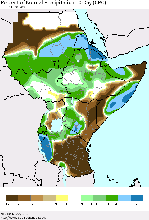Eastern Africa Percent of Normal Precipitation 10-Day (CPC) Thematic Map For 6/11/2020 - 6/20/2020
