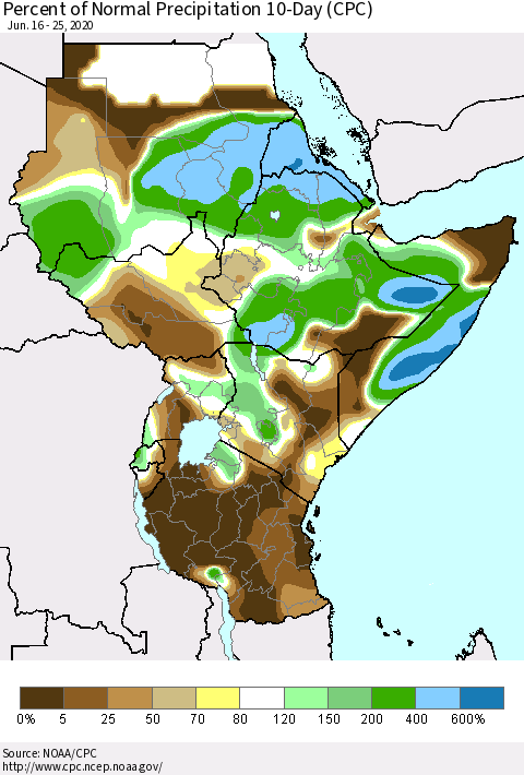 Eastern Africa Percent of Normal Precipitation 10-Day (CPC) Thematic Map For 6/16/2020 - 6/25/2020