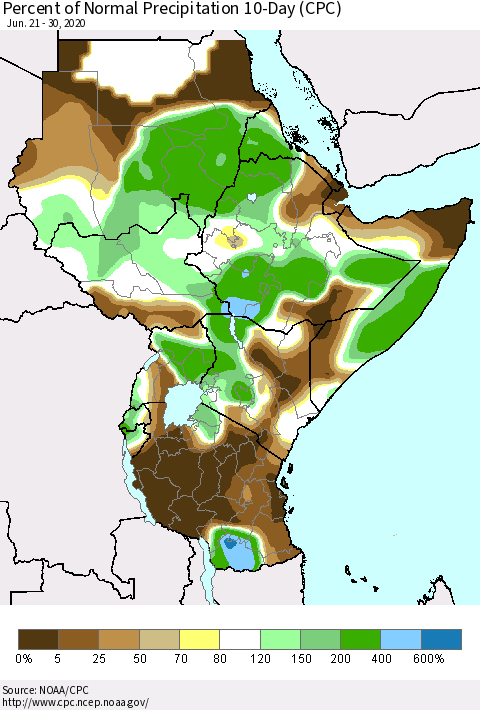 Eastern Africa Percent of Normal Precipitation 10-Day (CPC) Thematic Map For 6/21/2020 - 6/30/2020