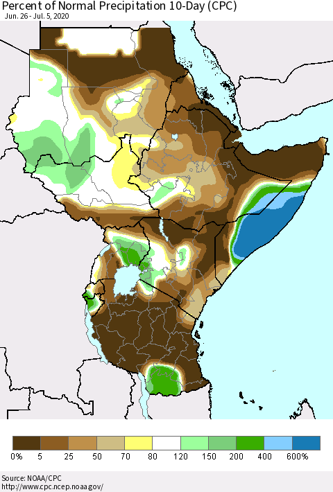 Eastern Africa Percent of Normal Precipitation 10-Day (CPC) Thematic Map For 6/26/2020 - 7/5/2020