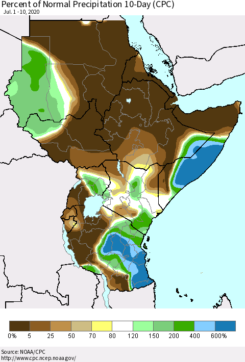 Eastern Africa Percent of Normal Precipitation 10-Day (CPC) Thematic Map For 7/1/2020 - 7/10/2020