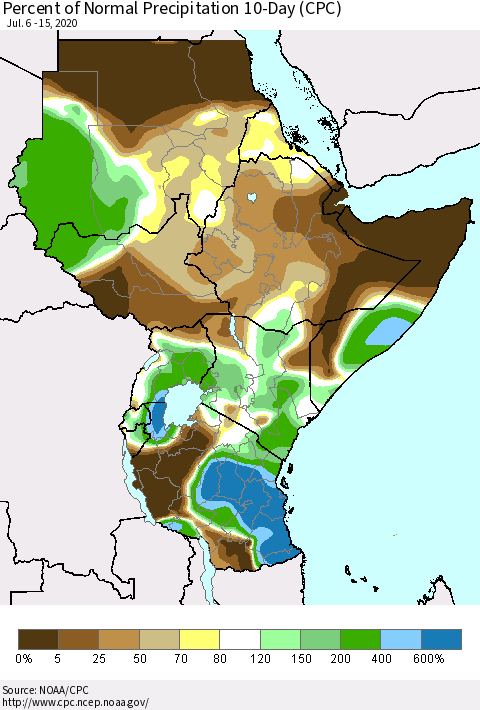 Eastern Africa Percent of Normal Precipitation 10-Day (CPC) Thematic Map For 7/6/2020 - 7/15/2020