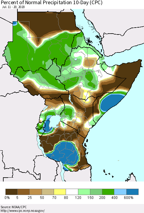 Eastern Africa Percent of Normal Precipitation 10-Day (CPC) Thematic Map For 7/11/2020 - 7/20/2020