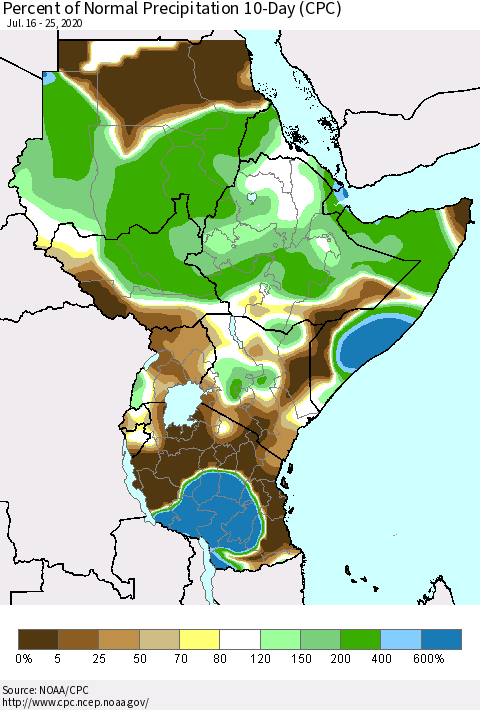Eastern Africa Percent of Normal Precipitation 10-Day (CPC) Thematic Map For 7/16/2020 - 7/25/2020