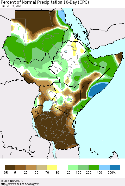 Eastern Africa Percent of Normal Precipitation 10-Day (CPC) Thematic Map For 7/21/2020 - 7/31/2020