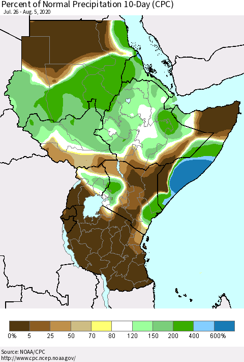 Eastern Africa Percent of Normal Precipitation 10-Day (CPC) Thematic Map For 7/26/2020 - 8/5/2020