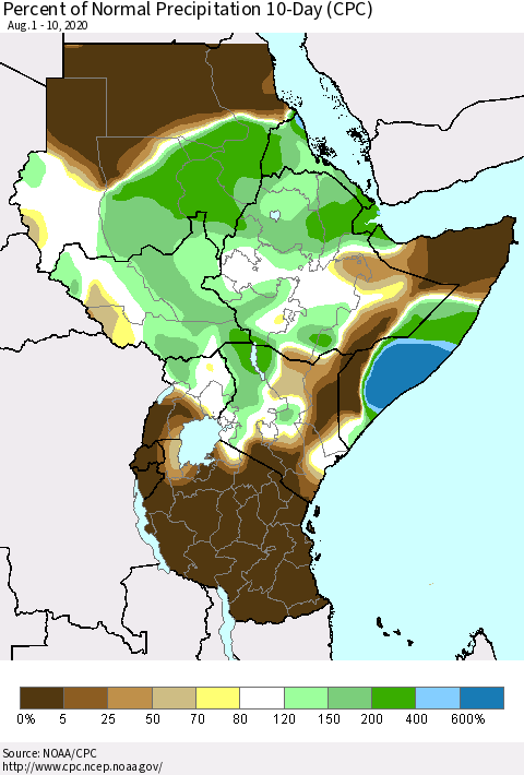 Eastern Africa Percent of Normal Precipitation 10-Day (CPC) Thematic Map For 8/1/2020 - 8/10/2020