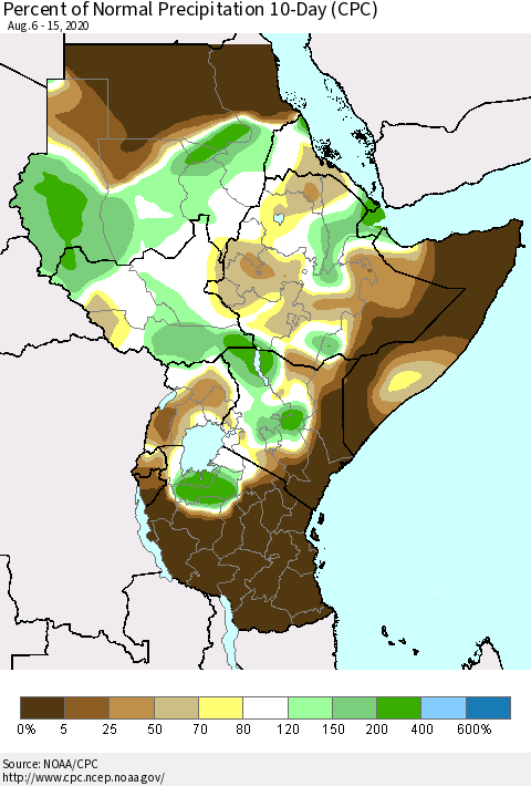 Eastern Africa Percent of Normal Precipitation 10-Day (CPC) Thematic Map For 8/6/2020 - 8/15/2020