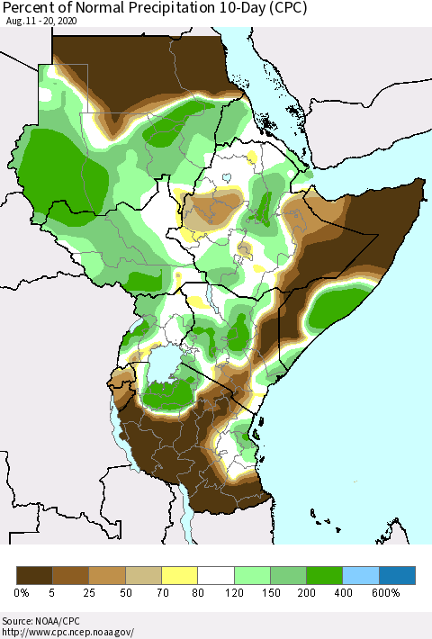 Eastern Africa Percent of Normal Precipitation 10-Day (CPC) Thematic Map For 8/11/2020 - 8/20/2020