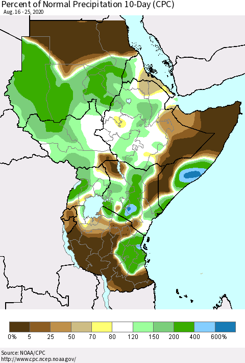 Eastern Africa Percent of Normal Precipitation 10-Day (CPC) Thematic Map For 8/16/2020 - 8/25/2020