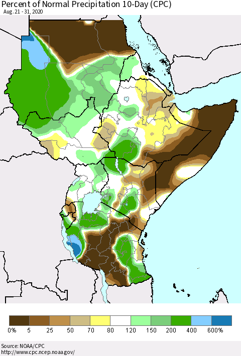 Eastern Africa Percent of Normal Precipitation 10-Day (CPC) Thematic Map For 8/21/2020 - 8/31/2020