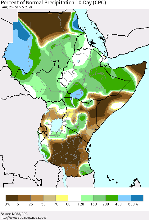 Eastern Africa Percent of Normal Precipitation 10-Day (CPC) Thematic Map For 8/26/2020 - 9/5/2020