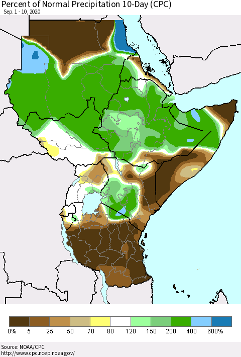 Eastern Africa Percent of Normal Precipitation 10-Day (CPC) Thematic Map For 9/1/2020 - 9/10/2020