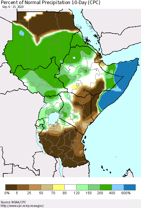 Eastern Africa Percent of Normal Precipitation 10-Day (CPC) Thematic Map For 9/6/2020 - 9/15/2020