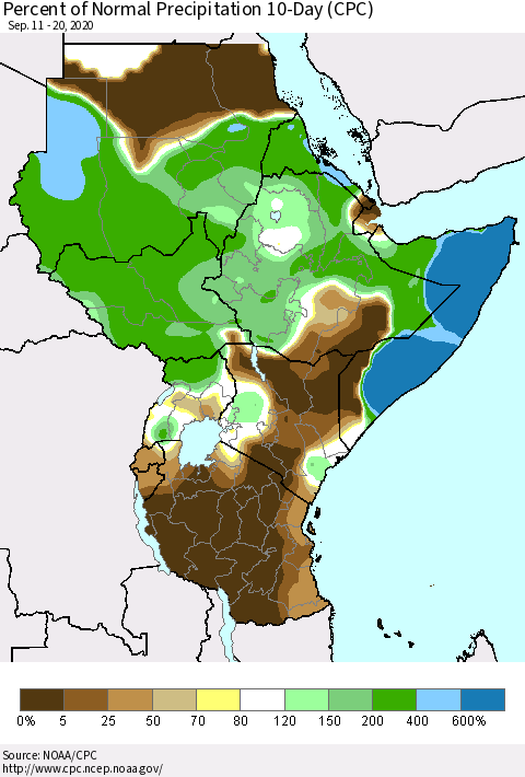 Eastern Africa Percent of Normal Precipitation 10-Day (CPC) Thematic Map For 9/11/2020 - 9/20/2020