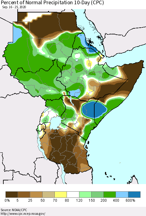 Eastern Africa Percent of Normal Precipitation 10-Day (CPC) Thematic Map For 9/16/2020 - 9/25/2020