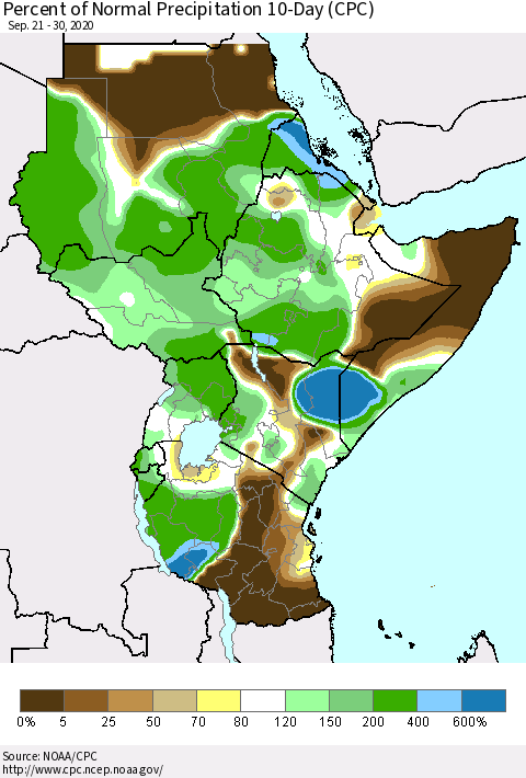 Eastern Africa Percent of Normal Precipitation 10-Day (CPC) Thematic Map For 9/21/2020 - 9/30/2020