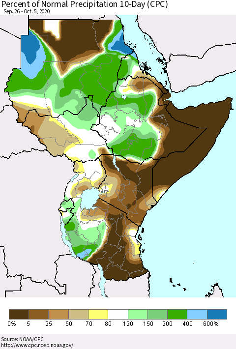 Eastern Africa Percent of Normal Precipitation 10-Day (CPC) Thematic Map For 9/26/2020 - 10/5/2020