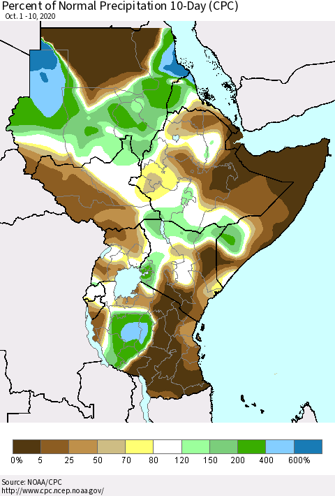 Eastern Africa Percent of Normal Precipitation 10-Day (CPC) Thematic Map For 10/1/2020 - 10/10/2020