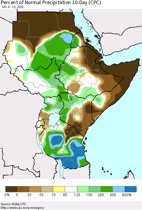 Eastern Africa Percent of Normal Precipitation 10-Day (CPC) Thematic Map For 10/6/2020 - 10/15/2020