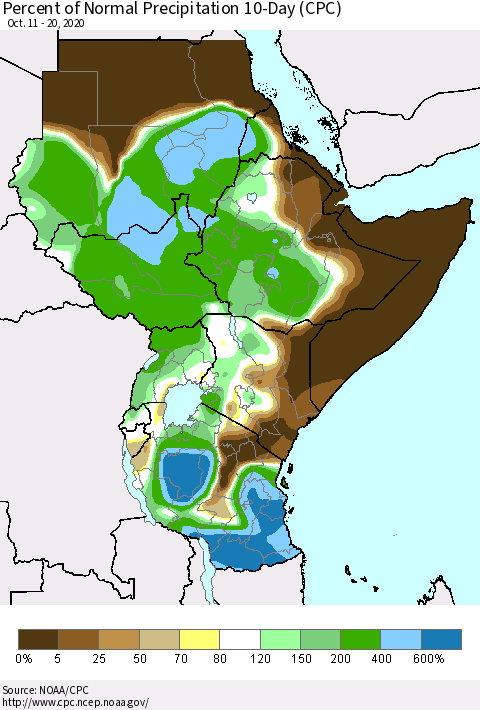 Eastern Africa Percent of Normal Precipitation 10-Day (CPC) Thematic Map For 10/11/2020 - 10/20/2020
