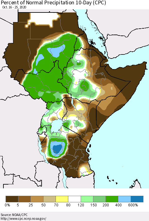Eastern Africa Percent of Normal Precipitation 10-Day (CPC) Thematic Map For 10/16/2020 - 10/25/2020