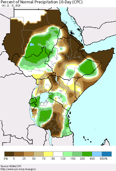 Eastern Africa Percent of Normal Precipitation 10-Day (CPC) Thematic Map For 10/21/2020 - 10/31/2020