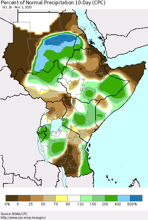 Eastern Africa Percent of Normal Precipitation 10-Day (CPC) Thematic Map For 10/26/2020 - 11/5/2020