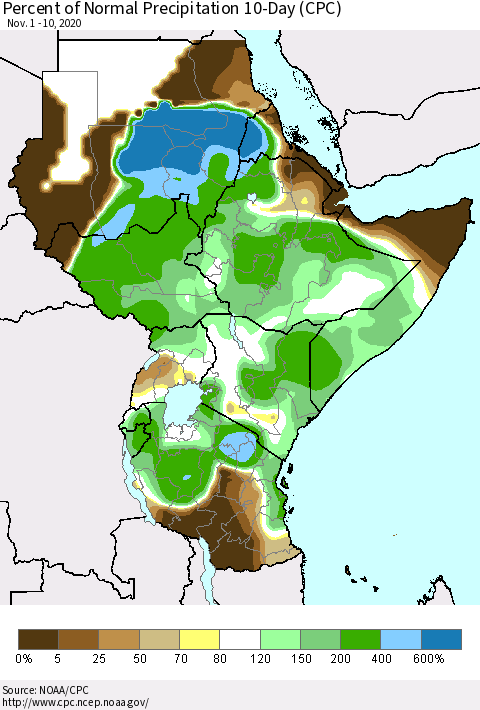 Eastern Africa Percent of Normal Precipitation 10-Day (CPC) Thematic Map For 11/1/2020 - 11/10/2020