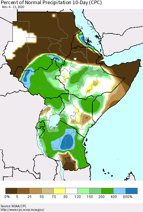 Eastern Africa Percent of Normal Precipitation 10-Day (CPC) Thematic Map For 11/6/2020 - 11/15/2020