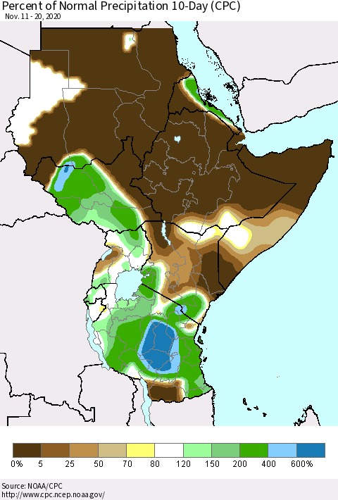 Eastern Africa Percent of Normal Precipitation 10-Day (CPC) Thematic Map For 11/11/2020 - 11/20/2020
