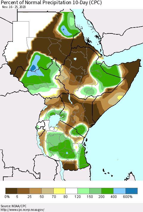 Eastern Africa Percent of Normal Precipitation 10-Day (CPC) Thematic Map For 11/16/2020 - 11/25/2020
