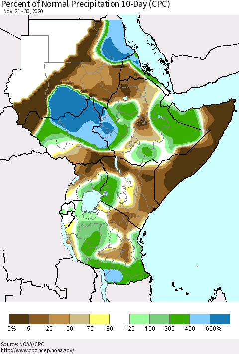 Eastern Africa Percent of Normal Precipitation 10-Day (CPC) Thematic Map For 11/21/2020 - 11/30/2020