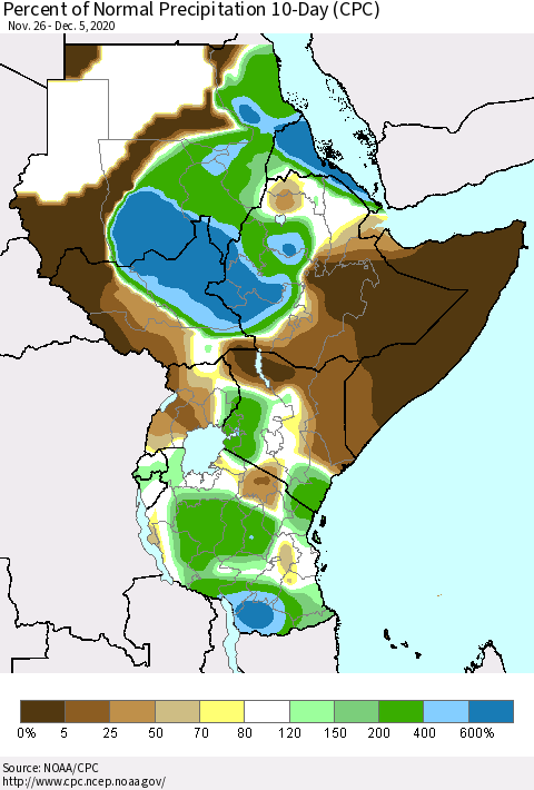 Eastern Africa Percent of Normal Precipitation 10-Day (CPC) Thematic Map For 11/26/2020 - 12/5/2020