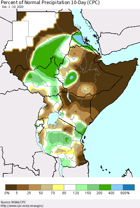 Eastern Africa Percent of Normal Precipitation 10-Day (CPC) Thematic Map For 12/1/2020 - 12/10/2020