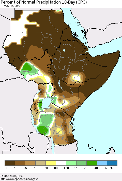 Eastern Africa Percent of Normal Precipitation 10-Day (CPC) Thematic Map For 12/6/2020 - 12/15/2020