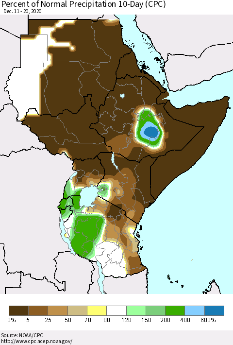 Eastern Africa Percent of Normal Precipitation 10-Day (CPC) Thematic Map For 12/11/2020 - 12/20/2020