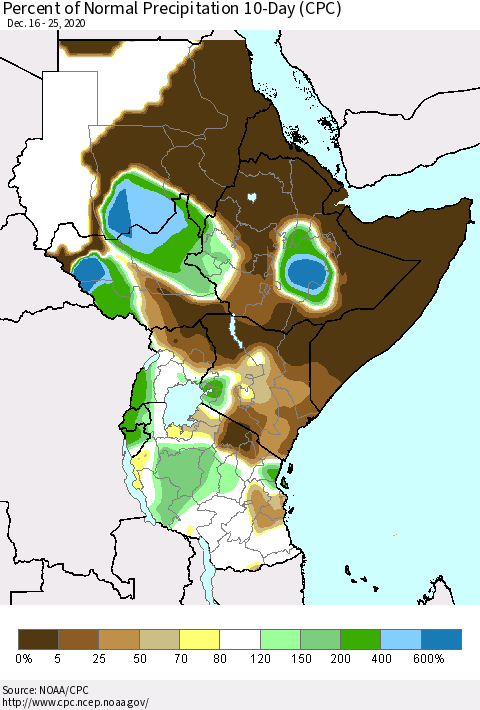 Eastern Africa Percent of Normal Precipitation 10-Day (CPC) Thematic Map For 12/16/2020 - 12/25/2020