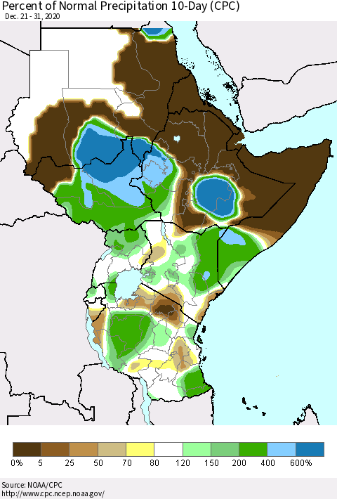 Eastern Africa Percent of Normal Precipitation 10-Day (CPC) Thematic Map For 12/21/2020 - 12/31/2020
