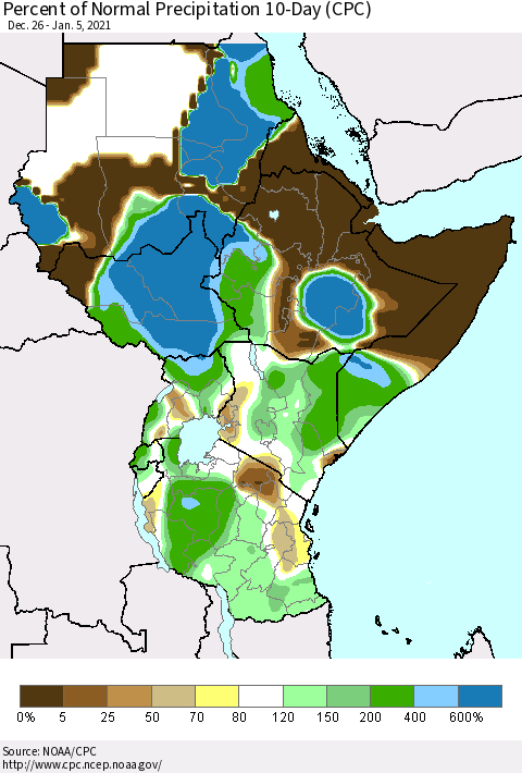 Eastern Africa Percent of Normal Precipitation 10-Day (CPC) Thematic Map For 12/26/2020 - 1/5/2021