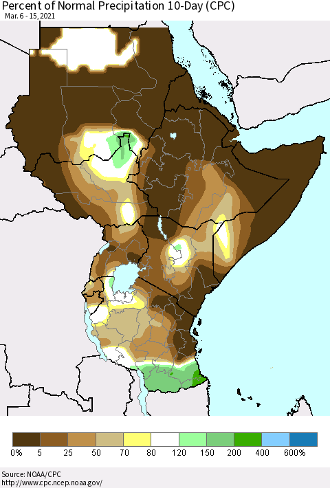 Eastern Africa Percent of Normal Precipitation 10-Day (CPC) Thematic Map For 3/6/2021 - 3/15/2021